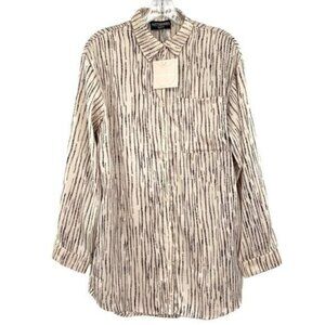 Kittenish Cream Oversized Button Down Satin Tunic Blouse New